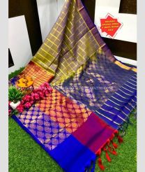 Blue and Magenta color kuppadam pattu handloom saree with all over checks and big buties saree design -KUPP0026105