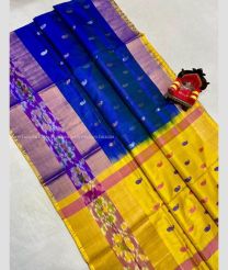 Navy Blue and Yellow color uppada pattu handloom saree with Pochampally Border Design-UPDP0014077