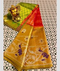 Orange and Green color kuppadam pattu handloom saree with Jari Border Design-KUPP0025973