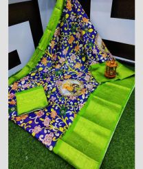 Blue and Green color linen sarees handloom saree with allover kalamlari printed design -LINS0000441