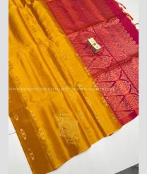 Mango Yellow and Red color soft silk kanchipuram sarees with All over Jari Design-KASS0000162