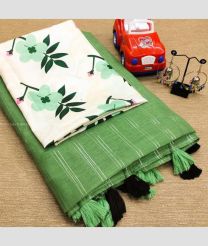 Green and Cream color linen sarees with stripes design saree -LINS0000933