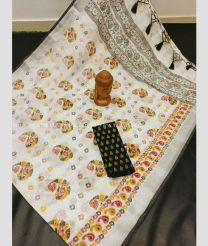 Half White and Charcoal Black color linen sarees handloom saree with all over digital printed sarees design -LINS0000314