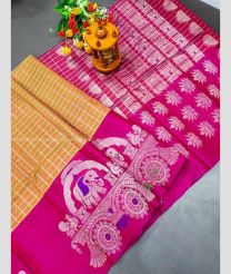 Sandal and Pink color kuppadam pattu handloom saree with All over Checks Design-KUPP0053732