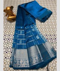 Blue and silver color mangalagiri pattu sarees with all over checks and buttas design -MAGP0027416