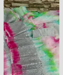 White Green and Pink color Organza handloom saree with mirror work saree design -ORGS0000353