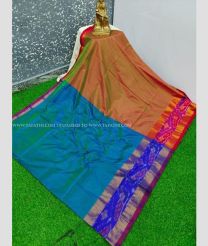 Blue Ivy and Brown color Uppada Soft Silk handloom saree with plain with pochampalli border saree design -UPSF0002163
