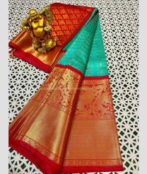 Red and Turquoise color kuppadam pattu handloom saree with All over Buttas Design-KUPP0028194