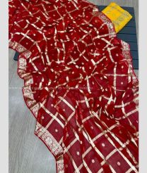 Red and Yellow color Georgette sarees with all over checks and buttas design -GEOS0024429