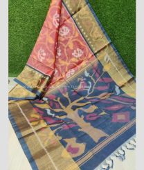 Peach and Grey color ikkat sico sarees handloom saree with All over Pochampally design-IKSS0000095