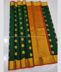 Dark Green and Red color kanchi pattu handloom saree with zari border saree design -KANP0005682
