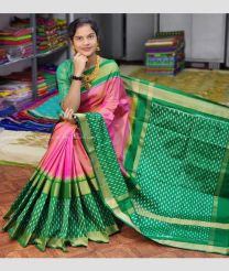 Peach and Green color pochampally ikkat pure silk handloom saree with All over Pochampally ikkat design-PIKP0016982