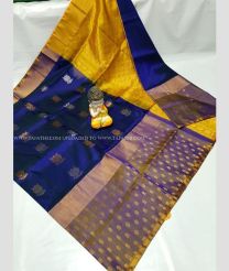 Navy Blue and Mustard Yellow color uppada pattu handloom saree with Kalamjalli Border Design-UPDP0015190