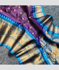 Purple and Blue color gadwal pattu sarees with all over checks and buttas design -GDWP0001936