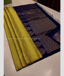 Mustard Yellow and Navy Blue color kanchi pattu handloom saree with All over Buttas Design-KANP0006472