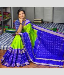 Parrot Green and Royal BLue color pochampally ikkat pure silk handloom saree with All over Pochampally ikkat design-PIKP0016987