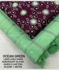 purple and aqua green color linen sarees with All over Checks Design-LINS0002062