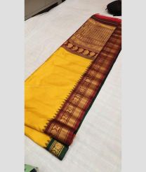 Mango yellow and Maroon color gadwal pattu handloom saree with ganga jamuna border design-GDWP0001401