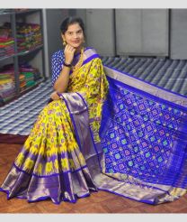 Mango Yellow and Blue color pochampally ikkat pure silk handloom saree with All over Pochampally ikkat design-PIKP0016890