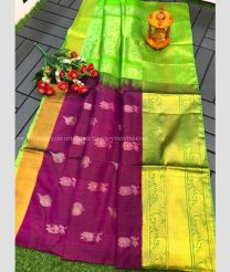 Plum Purple and Parrot Green color uppada pattu sarees with all over jamdhani buttas design -UPDP0022446