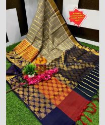 Sage and Navy Blue color kuppadam pattu handloom saree with All over Checks and Buttas Design-KUPP0026108