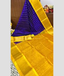 Blue and Mustard Yellow color kuppadam pattu handloom saree with all over checks and golden jari border saree design -KUPP0048405