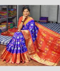 Blue and Deep Orange color pochampally ikkat pure silk handloom saree with pochampalli design saree -PIKP0016892