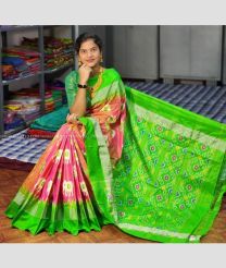 Peach and Parrot Green color pochampally ikkat pure silk handloom saree with All over Pochampally ikkat design-PIKP0016983