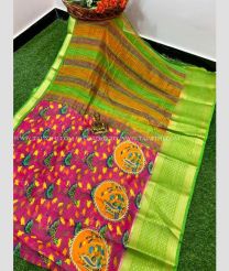 Deep Pink and Parrot Green color linen sarees handloom saree with soft lenin silk sarees with kanchi border allover digital printed design contrast printed blouse -LINS0000329