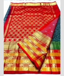 Forest Fall Green and Red color venkatagiri pattu sarees with all over kalamjali design -VAGP0001151