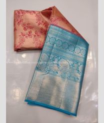 Peach and Aqua Blue color kanchi pattu handloom saree with big border saree design -KANP0005816