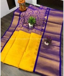 Yellow and Blue color kuppadam pattu handloom saree with All over Checks and Buttas Design-KUPP0036492