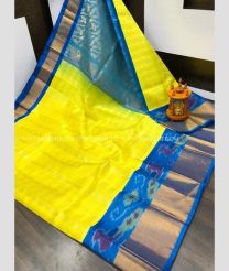 Yellow and Blue Jay color kuppadam pattu handloom saree with Pochampally Border Design-KUPP0042788