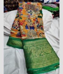 Yellow and Green color linen sarees with printed design saree -LINS0000689