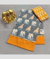 Grey and Orange color pochampally Ikkat cotton handloom saree with printed design saree -PIKT0000012
