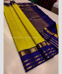 Yellow and Royal Blue color kanchi pattu handloom saree with Double Border Design-KANP0007509