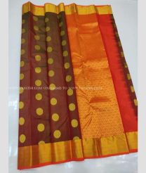 Maroon and Orange color kanchi pattu handloom saree with zari border saree design -KANP0005684