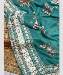 Sea Green and White color linen sarees handloom saree with all over flower design saree -LINS0000406