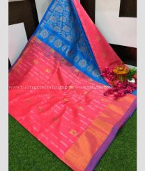 Peach Pink and Sky Blue color kuppadam pattu handloom saree with All over Buttas Design-KUPP0054181