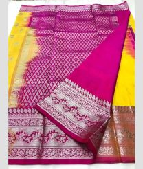 Pink and Yellow color venkatagiri pattu sarees with all over buttas design -VAGP0001179