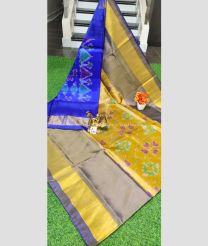 Golden Yellow and Blue color Uppada Soft Silk sarees with pochampally border design -UPSF0004246