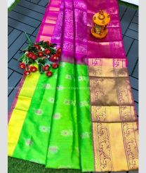 Parrot Green and Magenta color uppada pattu sarees with all over jamdhani buttas design -UPDP0022447