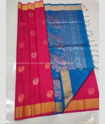 Red and Aqua Blue color kanchi pattu handloom saree with kaddy border saree design -KANP0005642