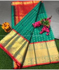 Red and Aquamarine color kuppadam pattu handloom saree with Kanchi Border Design-KUPP0046159