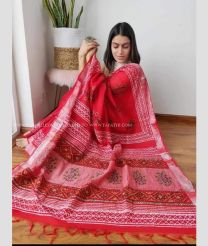 Red and White color linen sarees with printed design saree -LINS0000751