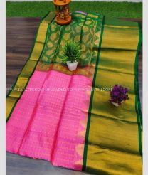 Pink and Pine Green color kuppadam pattu handloom saree with All over Checks and Buttas Design-KUPP0036528