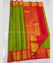 Green and Red color kanchi pattu handloom saree with zari border saree design -KANP0005772