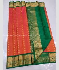 Orange and Dark Green color kanchi pattu handloom saree with zari border saree design -KANP0005887