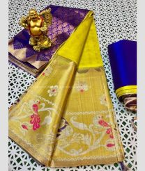 Yellow and Royal Blue color kuppadam pattu handloom saree with Jari Border Design-KUPP0025970