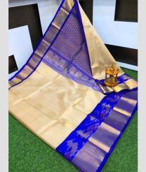 Cream and Blue color kuppadam pattu handloom saree with Pochampally Border Design-KUPP0085852